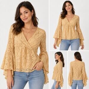 Monteau Womens Y2k Bell Sleeve Top Size XS Brown Peasant Floral Cutout 17” Pit